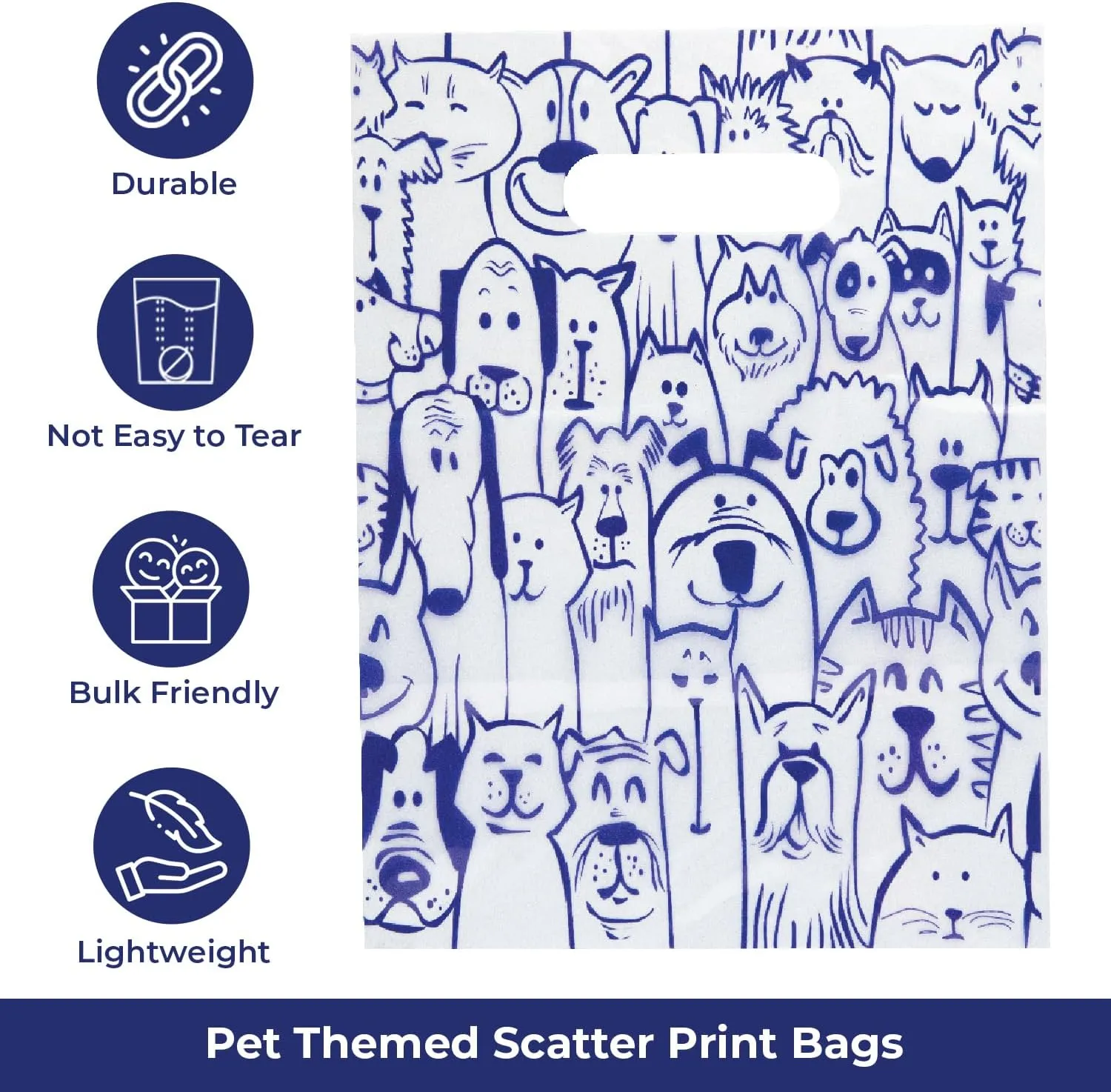 100 Pcs Pet Themed Print Bags  Seamless Pattern Cartoon Dog & Cat, MSP1005 Clear Plastic Scatter Bag, Veterinary Treat Bag for Cat & Dog  Goodie Bags w/Handles for Parties  Purple (9 x 12)