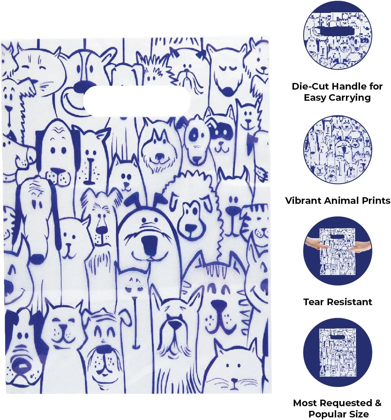 100 Pcs Pet Themed Print Bags  Seamless Pattern Cartoon Dog & Cat, MSP1005 Clear Plastic Scatter Bag, Veterinary Treat Bag for Cat & Dog  Goodie Bags w/Handles for Parties  Purple (9 x 12)