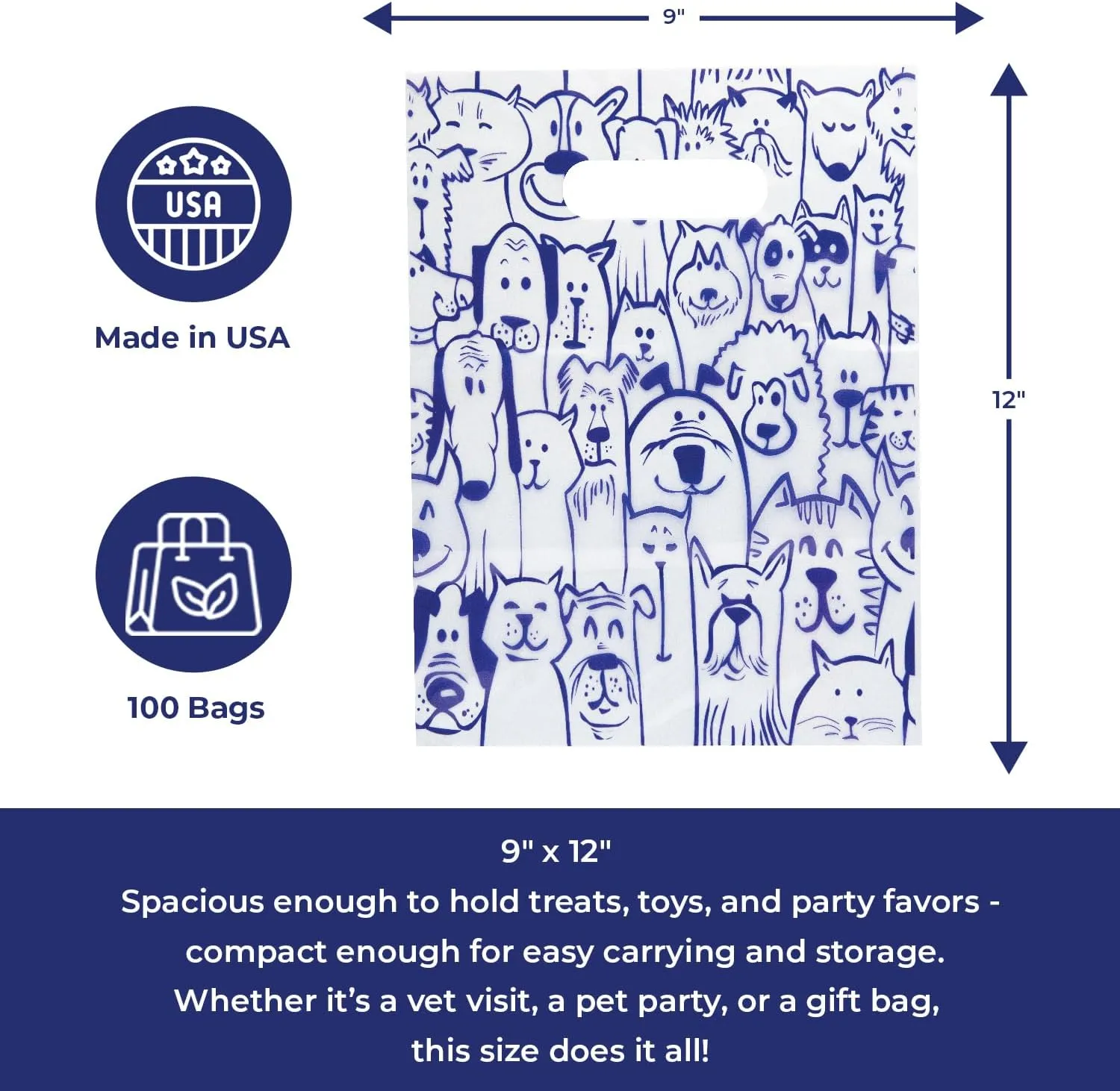 100 Pcs Pet Themed Print Bags  Seamless Pattern Cartoon Dog & Cat, MSP1005 Clear Plastic Scatter Bag, Veterinary Treat Bag for Cat & Dog  Goodie Bags w/Handles for Parties  Purple (9 x 12)