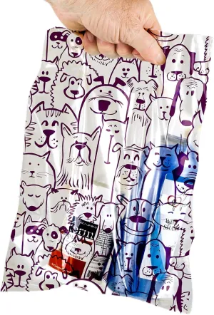 100 Pcs Pet Themed Print Bags  Seamless Pattern Cartoon Dog & Cat, MSP1005 Clear Plastic Scatter Bag, Veterinary Treat Bag for Cat & Dog  Goodie Bags w/Handles for Parties  Purple (9 x 12)
