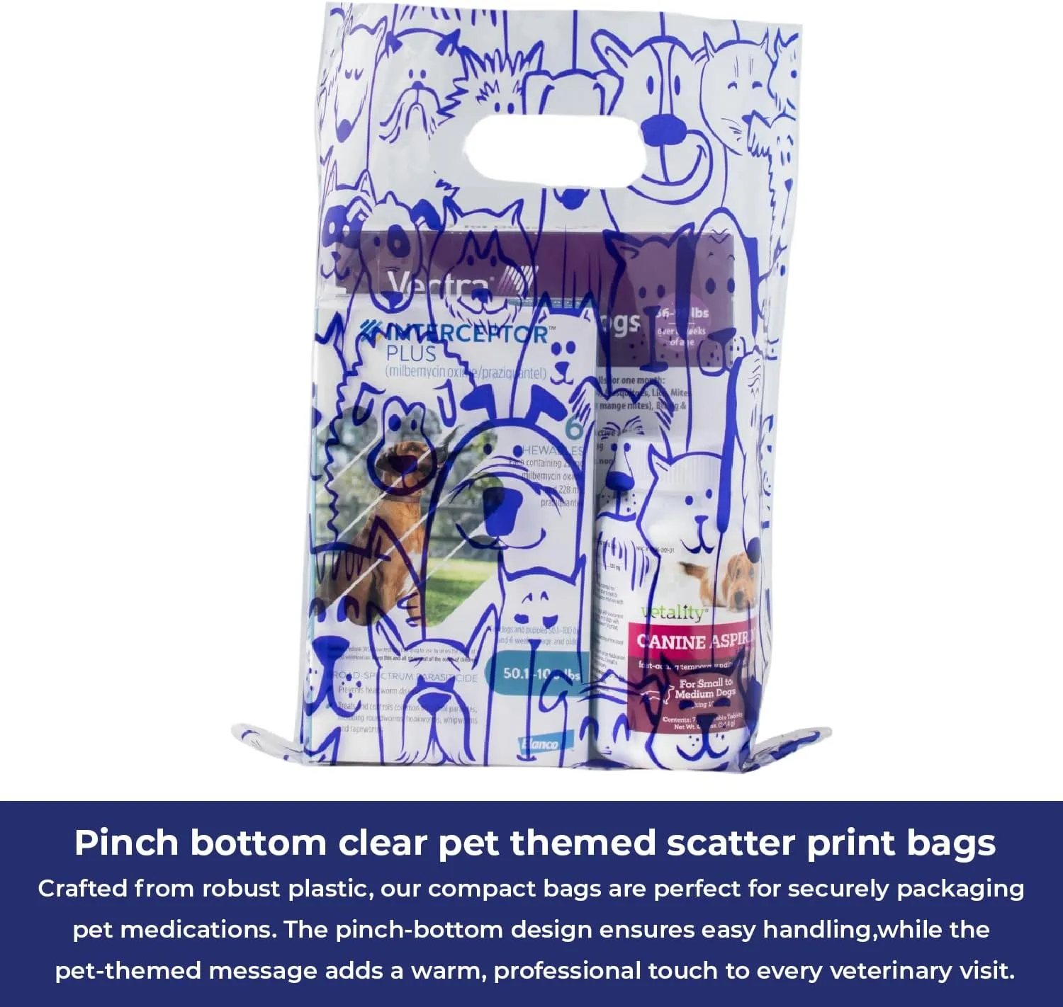 100 Pcs Pet Themed Print Bags  Seamless Pattern Cartoon Dog & Cat, MSP1005 Clear Plastic Scatter Bag, Veterinary Treat Bag for Cat & Dog  Goodie Bags w/Handles for Parties  Purple (9 x 12)