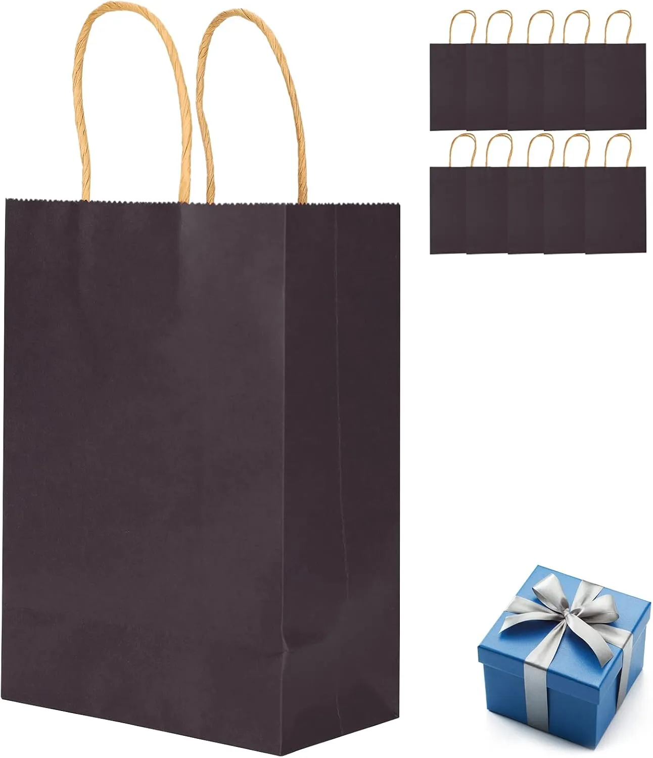 10pcs Portable Party Kraft Paper Bag Simple Shopping Packaging Souvenirs Bag with Handle for Wedding Party Supplies (Blue cowhide)