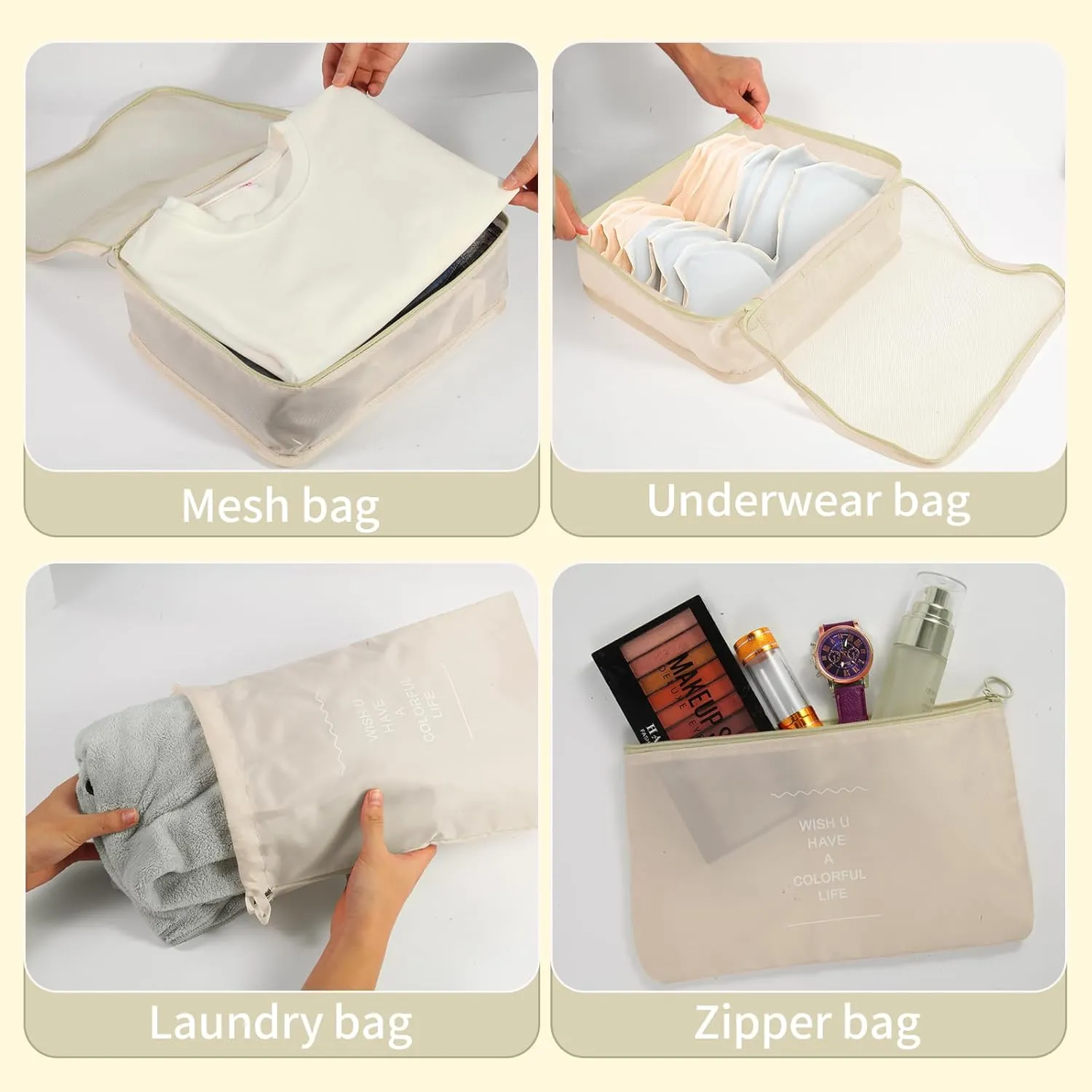 12 PCS Packing Cubes for Suitcases, Travel Luggage Organizers Bags Packing Cube Waterproof Travel Essentials Bag Packing Cubes for Clothes Shoes Storage Bags, Beige