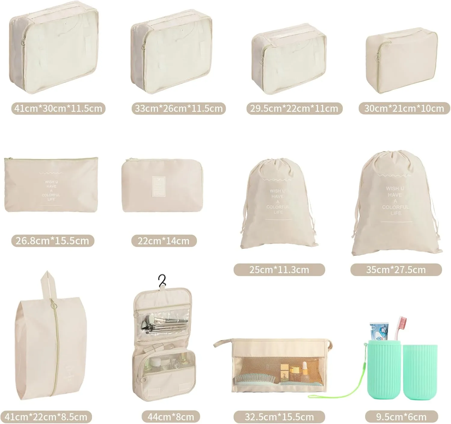 12 PCS Packing Cubes for Suitcases, Travel Luggage Organizers Bags Packing Cube Waterproof Travel Essentials Bag Packing Cubes for Clothes Shoes Storage Bags, Beige