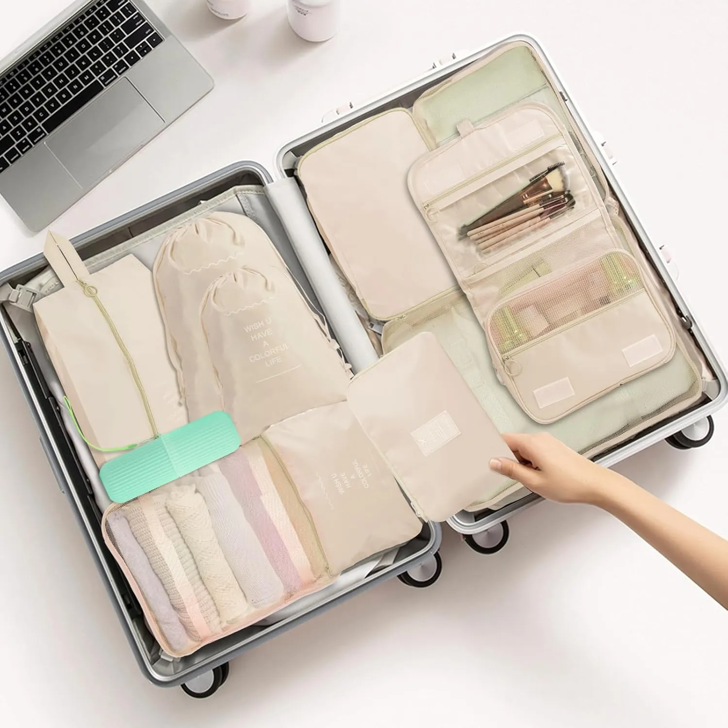 12 PCS Packing Cubes for Suitcases, Travel Luggage Organizers Bags Packing Cube Waterproof Travel Essentials Bag Packing Cubes for Clothes Shoes Storage Bags, Beige