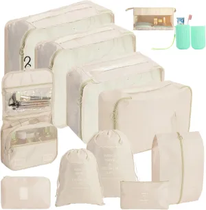12 PCS Packing Cubes for Suitcases, Travel Luggage Organizers Bags Packing Cube Waterproof Travel Essentials Bag Packing Cubes for Clothes Shoes Storage Bags, Beige