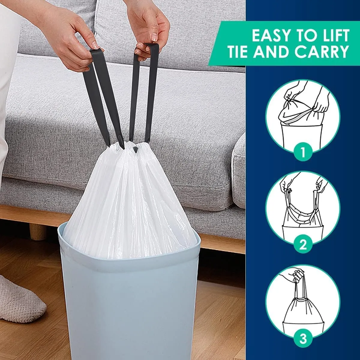 120 Counts 2.6 Gallon Small Drawstring Trash Bags Garbage Bags by RayPard, Small Strong Plastic Bags fit 7.5-10 Liter Trash Can for Home Office Kitchen Bathroom Bedroom, White Waste Basket Liners