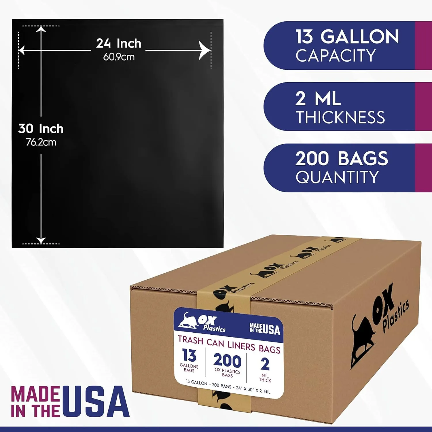 13 Gallon Trash Can Liners Bags - Capacity & 2mil Thick Extra Heavy Duty Strength - (200 Count) Large Garbage, Leak-Proof & Durable, House & Commercial Use Bags Black