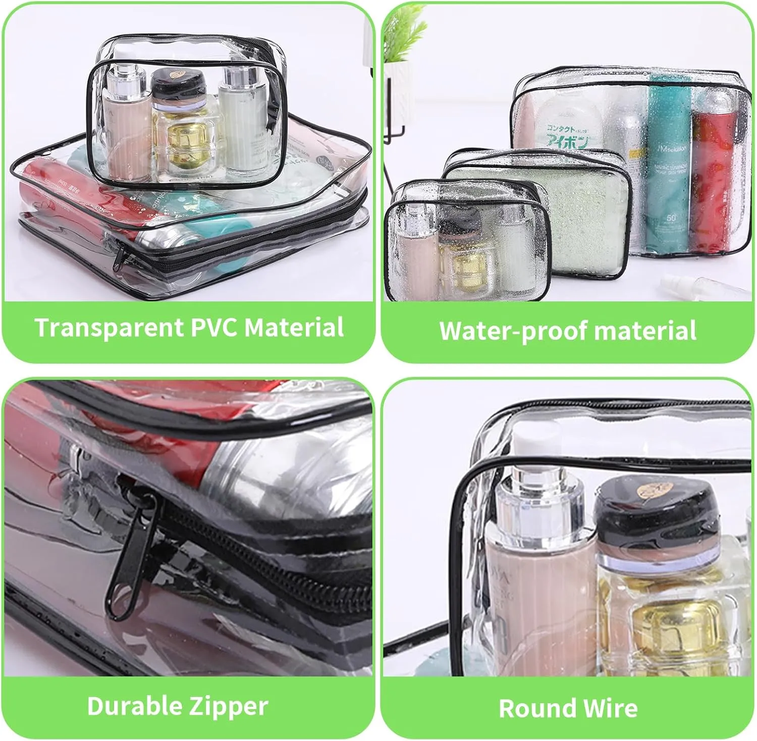 16 Pcs Clear Makeup Bag Bulk Toiletry Bag for Travel, Water-proof PVC Zippered Clear Pouch Cosmetic Makeup Bag Plastic Organizer Case for Vacation Bathroom Travel & Daily Use(Black Large)