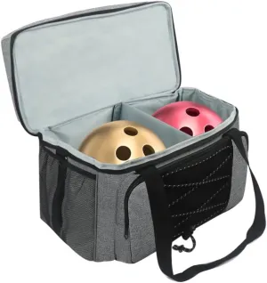 2 Balls Bowling Bag, Bowling Ball Tote with Mesh Pocket and Padded Divider, Bowling Essentials Accessories, Fits Bowling Shoes Up To Mens Size 16 and Extra Accessories(Only Bag)