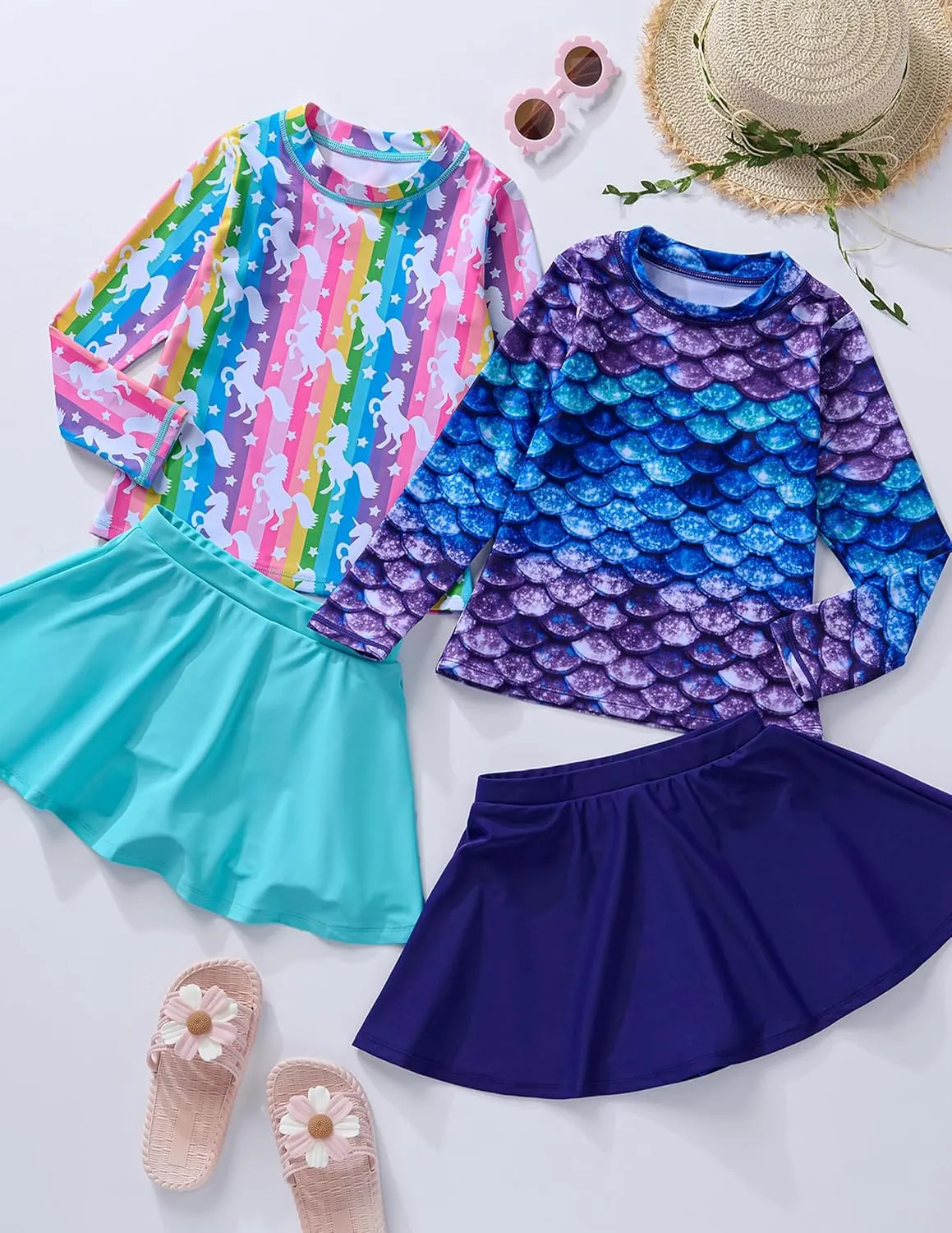 2 Pack: Girls Rash Guard Two Piece Bathing Suit Long Sleeve Swimsuit - Toddler Swimwear with Skirts Shorts 3T-12Y