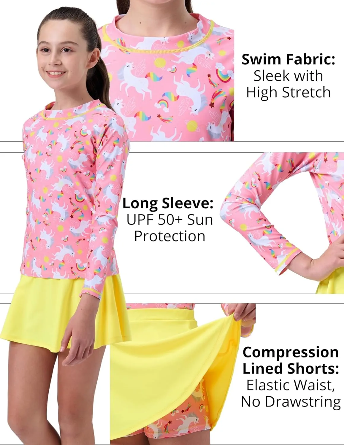 2 Pack: Girls Rash Guard Two Piece Bathing Suit Long Sleeve Swimsuit - Toddler Swimwear with Skirts Shorts 3T-12Y
