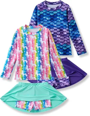 2 Pack: Girls Rash Guard Two Piece Bathing Suit Long Sleeve Swimsuit - Toddler Swimwear with Skirts Shorts 3T-12Y