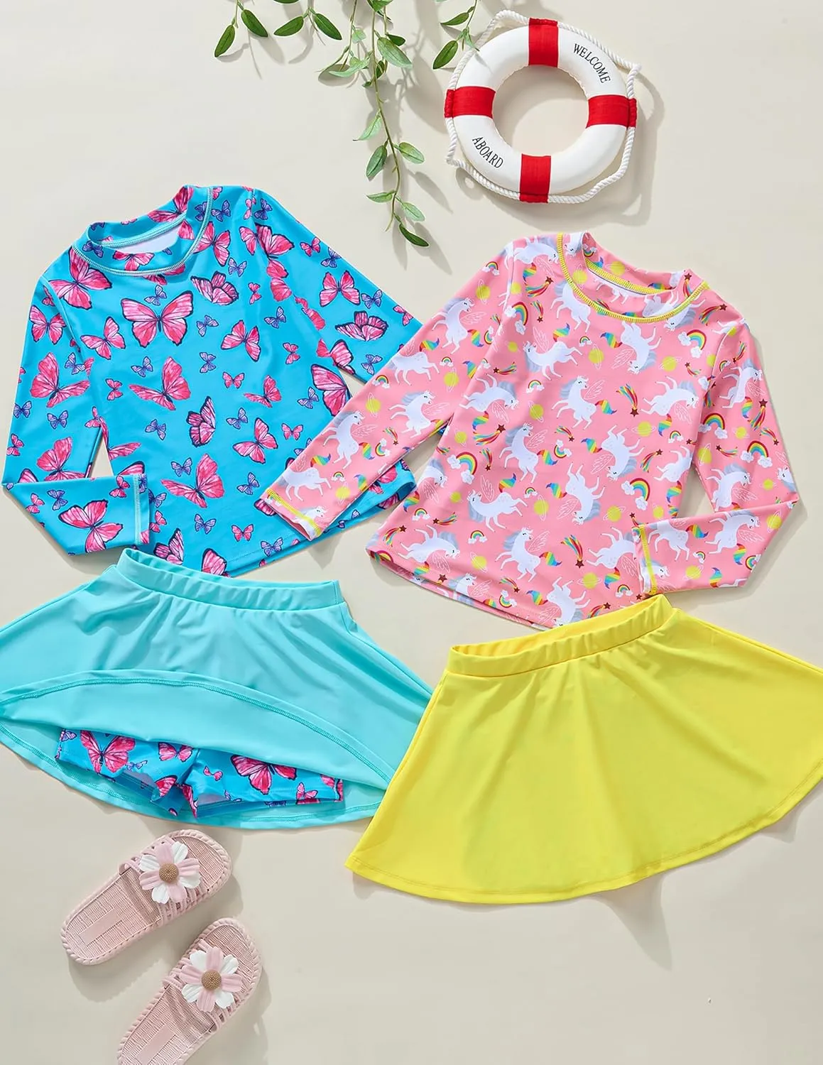 2 Pack: Girls Rash Guard Two Piece Bathing Suit Long Sleeve Swimsuit - Toddler Swimwear with Skirts Shorts 3T-12Y
