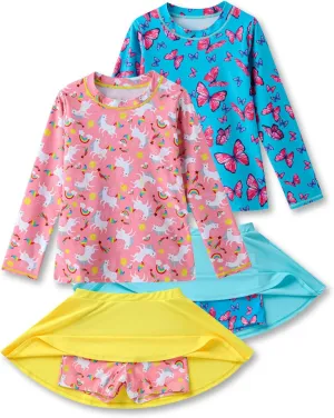 2 Pack: Girls Rash Guard Two Piece Bathing Suit Long Sleeve Swimsuit - Toddler Swimwear with Skirts Shorts 3T-12Y