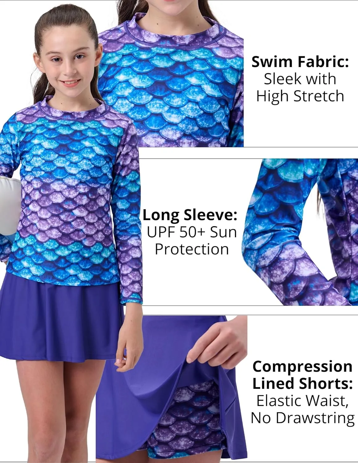 2 Pack: Girls Rash Guard Two Piece Bathing Suit Long Sleeve Swimsuit - Toddler Swimwear with Skirts Shorts 3T-12Y