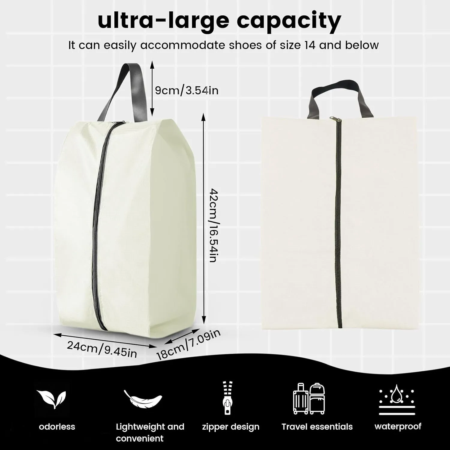 3 Pack Folding Shoe Bags for Travel with Zipper Closure, Waterproof Shoe Storage Bag with Handle, Washable Shoe Organizers Packing Cubes for Gym Women Men (Cream)