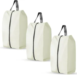 3 Pack Folding Shoe Bags for Travel with Zipper Closure, Waterproof Shoe Storage Bag with Handle, Washable Shoe Organizers Packing Cubes for Gym Women Men (Cream)