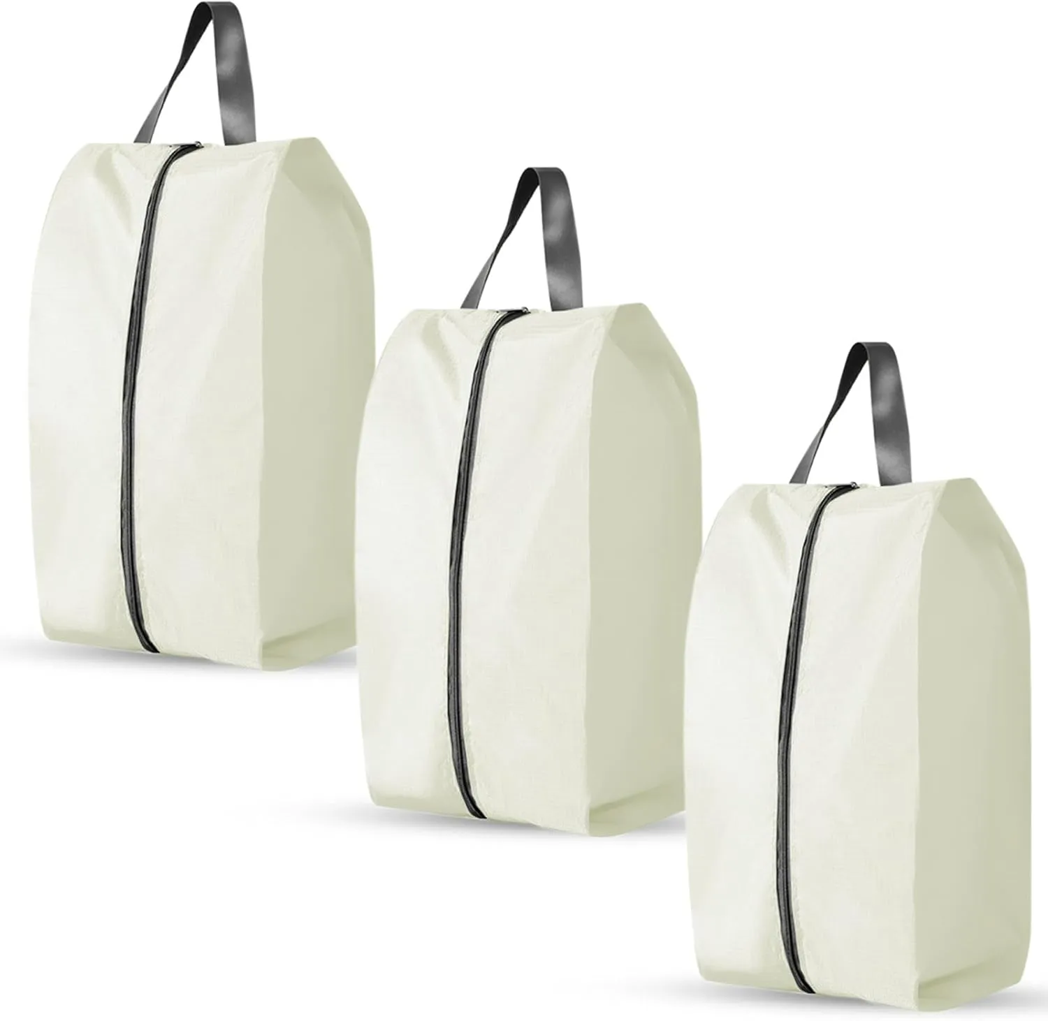 3 Pack Folding Shoe Bags for Travel with Zipper Closure, Waterproof Shoe Storage Bag with Handle, Washable Shoe Organizers Packing Cubes for Gym Women Men (Cream)