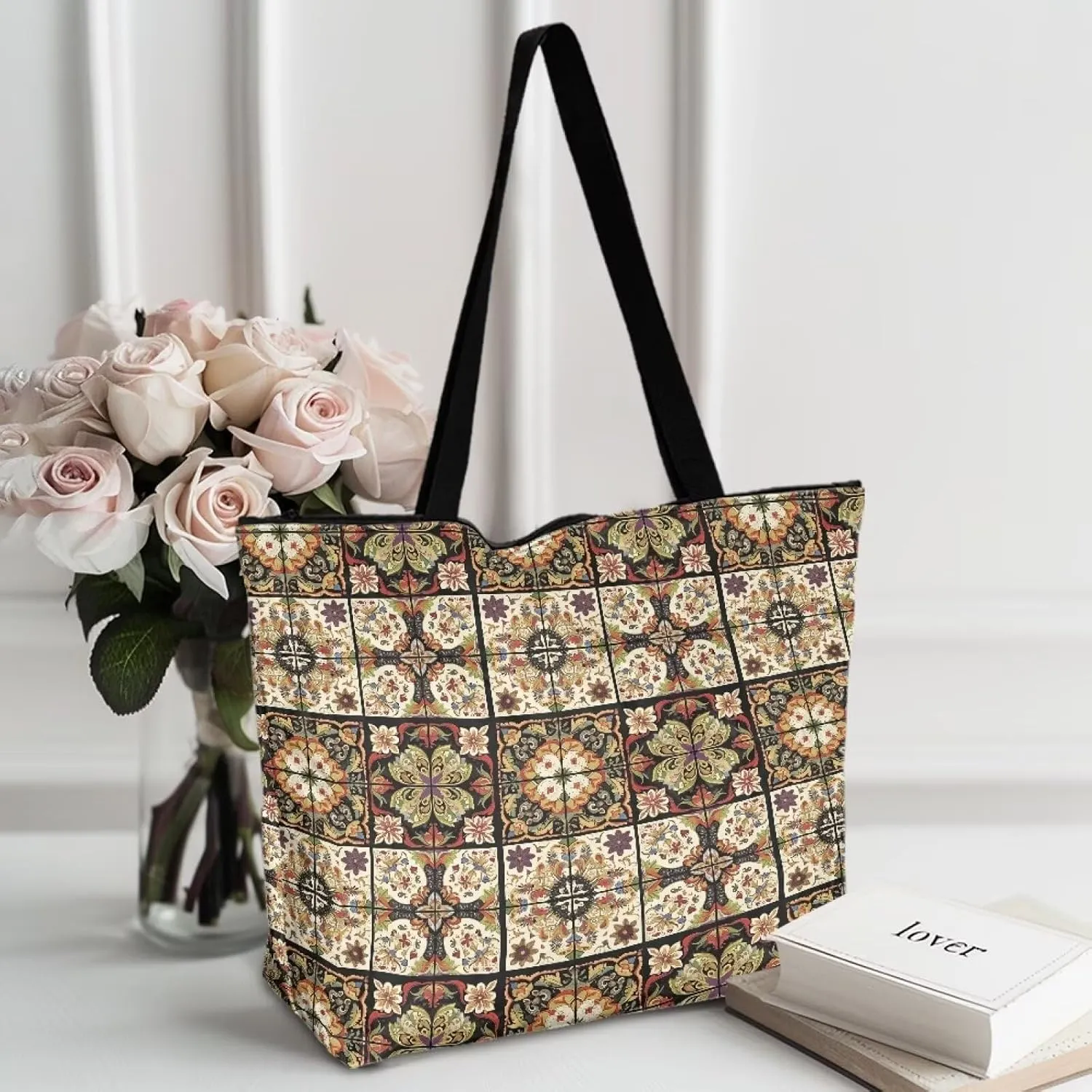 3D Vivid Cat 14x6x15 Tote Paper Bag for Women, Gothic Rose Butterfly Hand Bag, Halloween Spider Web Commute Bag