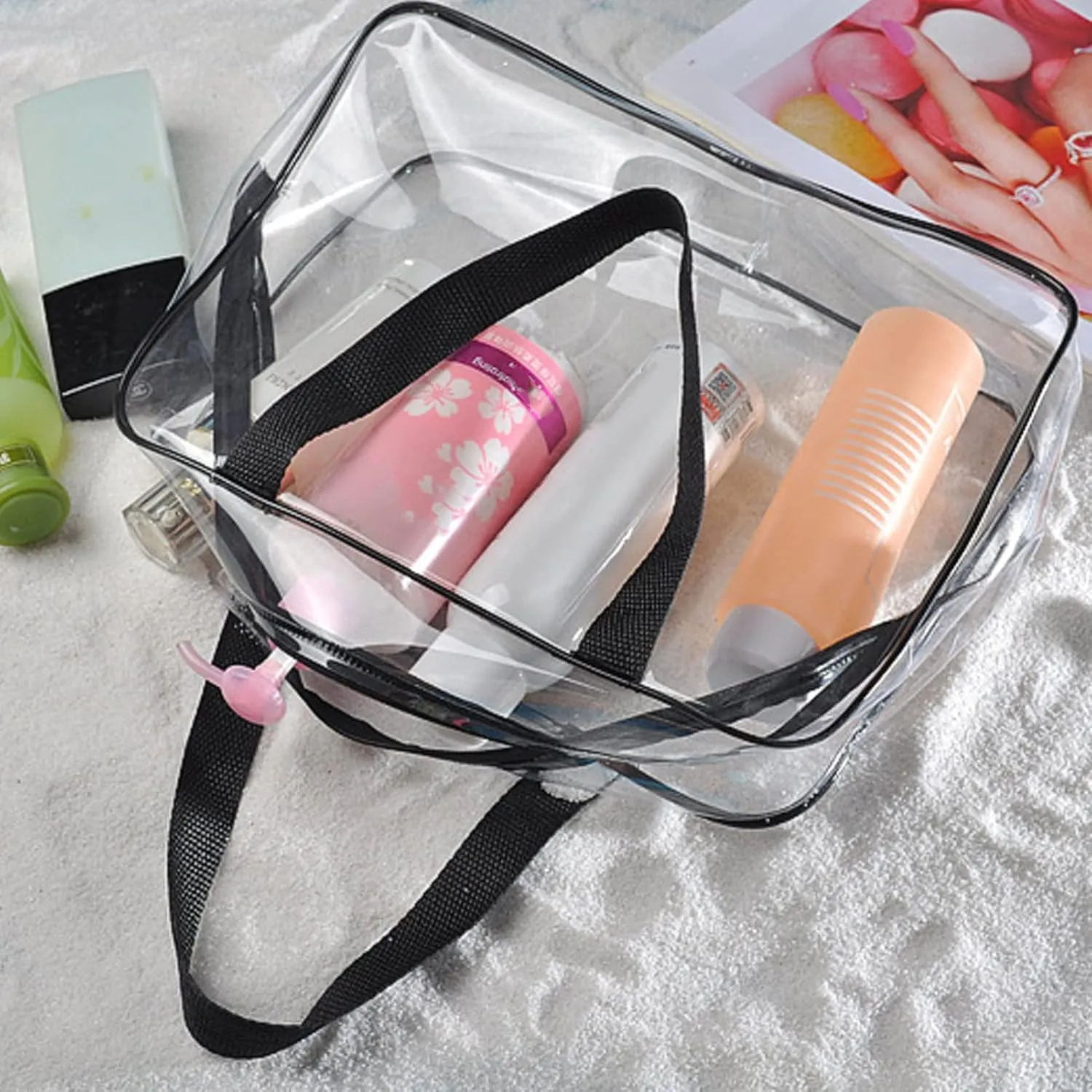 3Pcs Crystal Clear PVC Travel Toiletry Bag Kit,Clear Plastic Tote Bags, Waterproof Transparent with Handle Straps Cosmetic Bag Pouch Carry (Black)