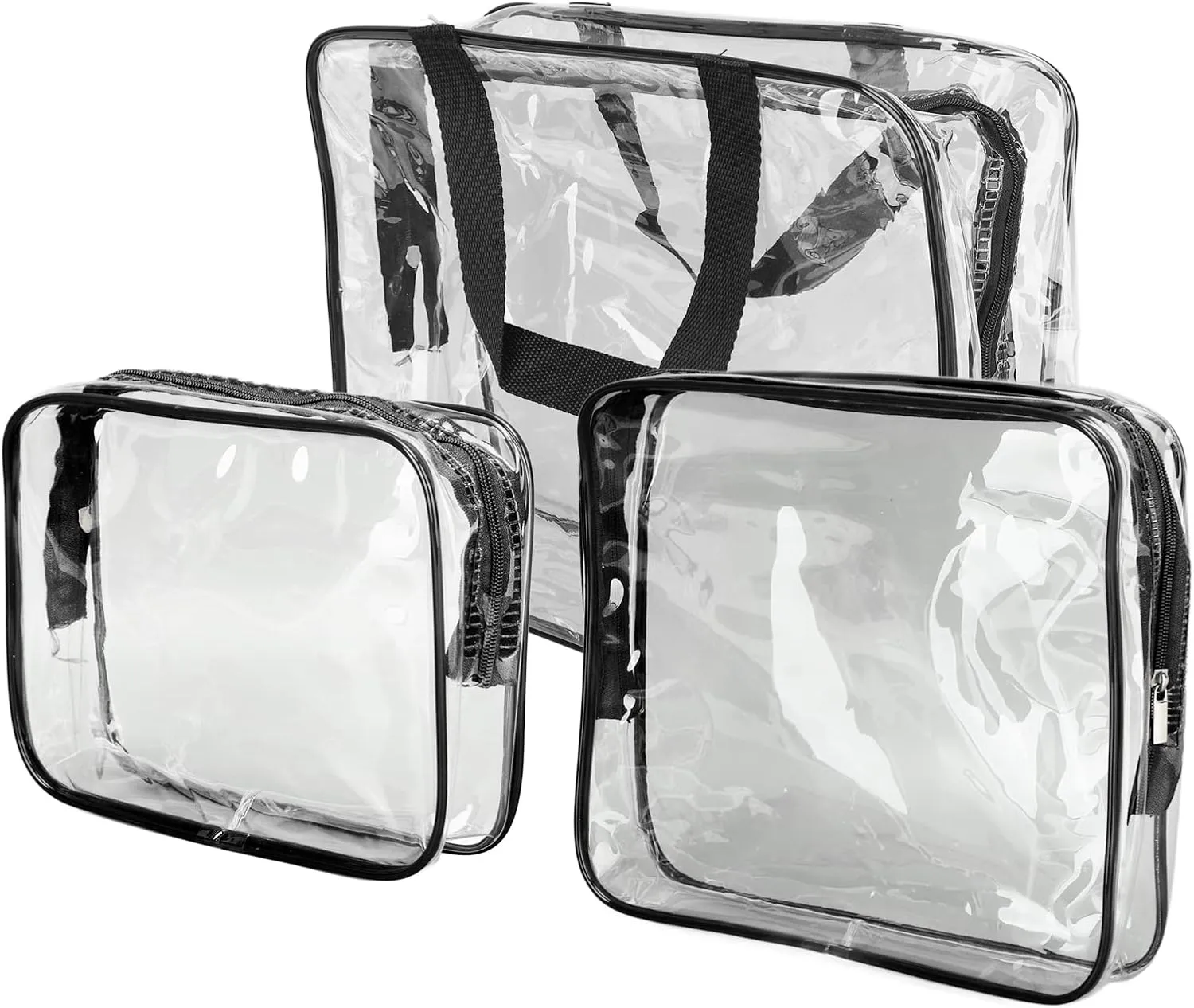 3Pcs Crystal Clear PVC Travel Toiletry Bag Kit,Clear Plastic Tote Bags, Waterproof Transparent with Handle Straps Cosmetic Bag Pouch Carry (Black)