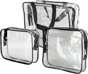 3Pcs Crystal Clear PVC Travel Toiletry Bag Kit,Clear Plastic Tote Bags, Waterproof Transparent with Handle Straps Cosmetic Bag Pouch Carry (Black)