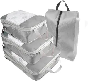 4 Piece Compression Packing Cube Set, Travel Storage Bag Portable Luggage Storage Box Set Expandable Packing Mesh Bag for Clothing Underwear Shoes (Gray)