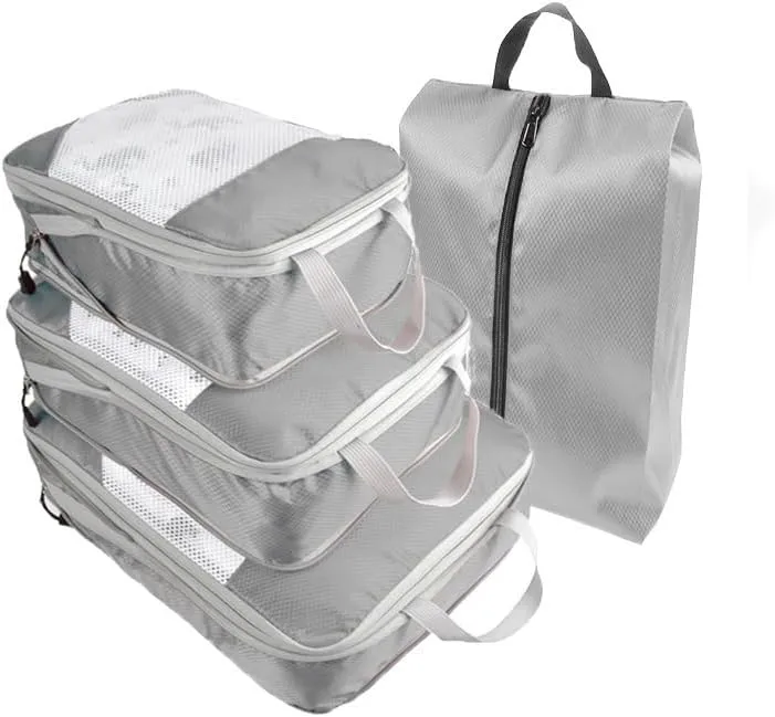 4 Piece Compression Packing Cube Set, Travel Storage Bag Portable Luggage Storage Box Set Expandable Packing Mesh Bag for Clothing Underwear Shoes (Gray)