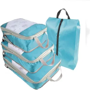 4 Piece Compression Packing Cube Set, Travel Storage Bag Portable Luggage Storage Box Set Expandable Packing Mesh Bag for Clothing Underwear Shoes (Sky Blue)