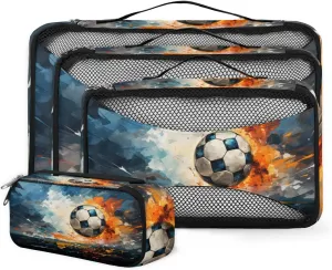 4 Set Packing Cubes for Suitcases, Travel Essentials for Carry on Luggage, Suitcase Organizers for Clothes Shoes Toiletries Travel Accessories in 4 Sizes - 3D Soccer