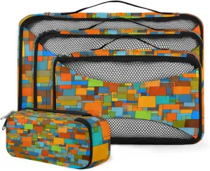 4 Set Packing Cubes for Suitcases, Travel Essentials for Carry on Luggage, Suitcase Organizers for Clothes Shoes Toiletries Travel Accessories in 4 Sizes - Artistic Geometry
