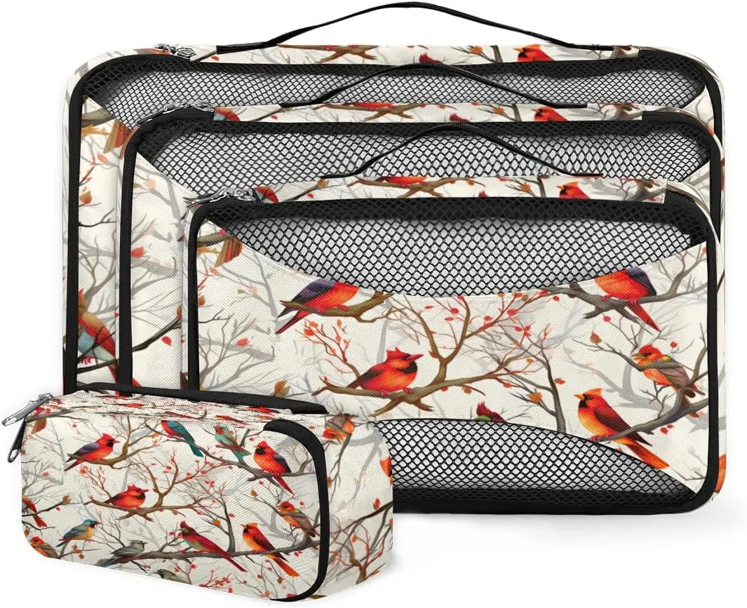 4 Set Packing Cubes for Suitcases, Travel Essentials for Carry on Luggage, Suitcase Organizers for Clothes Shoes Toiletries Travel Accessories in 4 Sizes - Cardinal Bird