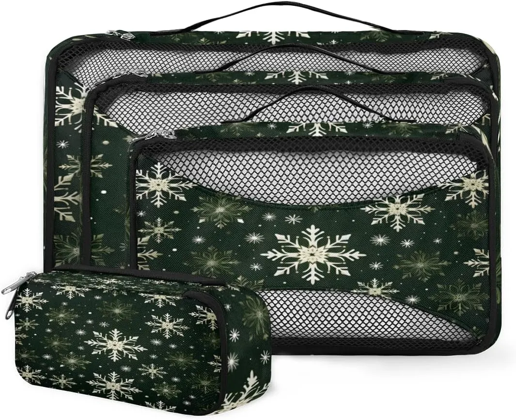 4 Set Packing Cubes for Suitcases, Travel Essentials for Carry on Luggage, Suitcase Organizers for Clothes Shoes Toiletries Travel Accessories in 4 Sizes - Christmas Snowflake