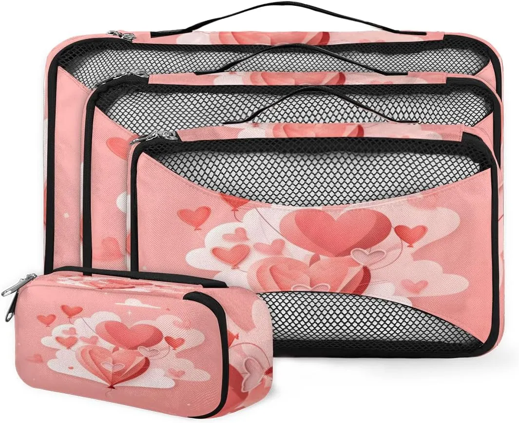 4 Set Packing Cubes for Suitcases, Travel Essentials for Carry on Luggage, Suitcase Organizers for Clothes Shoes Toiletries Travel Accessories in 4 Sizes - Cloud Heart