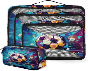 4 Set Packing Cubes for Suitcases, Travel Essentials for Carry on Luggage, Suitcase Organizers for Clothes Shoes Toiletries Travel Accessories in 4 Sizes - Colorful Football