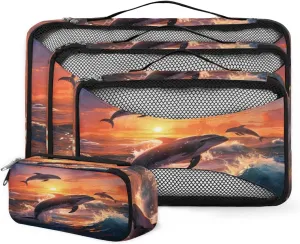 4 Set Packing Cubes for Suitcases, Travel Essentials for Carry on Luggage, Suitcase Organizers for Clothes Shoes Toiletries Travel Accessories in 4 Sizes - Dolphin Sunset