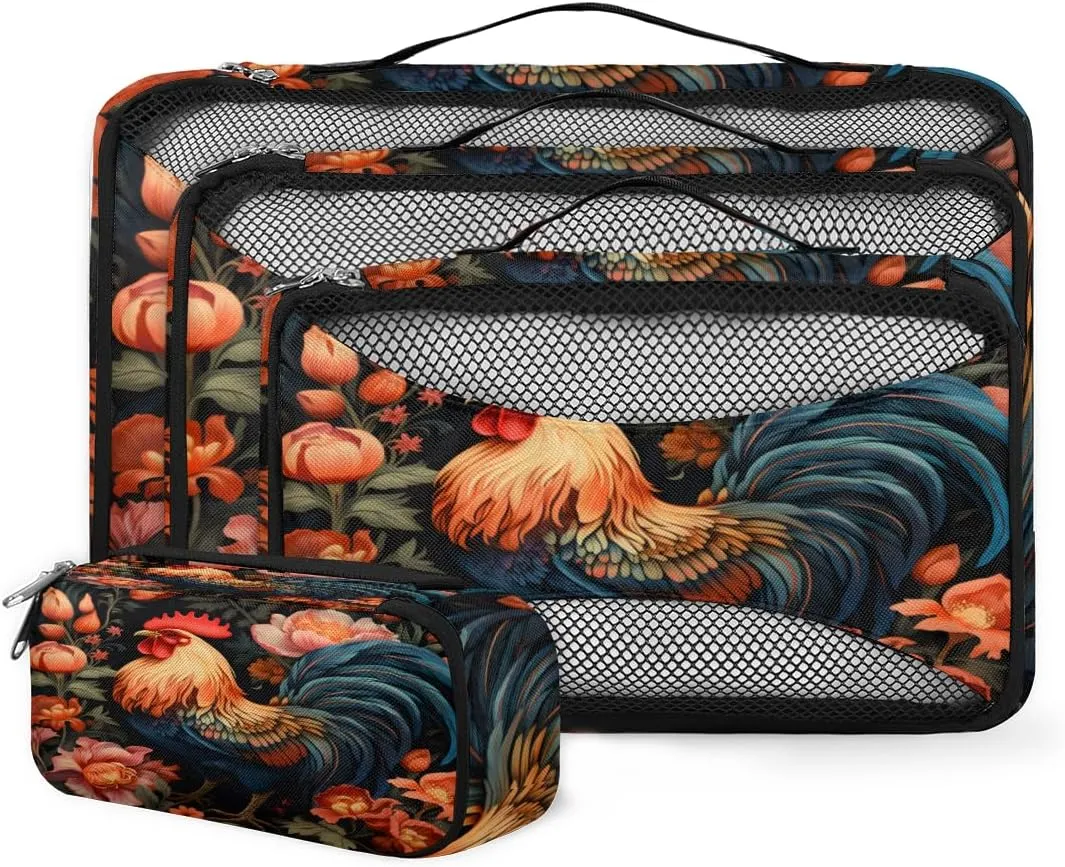 4 Set Packing Cubes for Suitcases, Travel Essentials for Carry on Luggage, Suitcase Organizers for Clothes Shoes Toiletries Travel Accessories in 4 Sizes - Floral Rooster