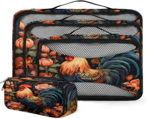 4 Set Packing Cubes for Suitcases, Travel Essentials for Carry on Luggage, Suitcase Organizers for Clothes Shoes Toiletries Travel Accessories in 4 Sizes - Floral Rooster