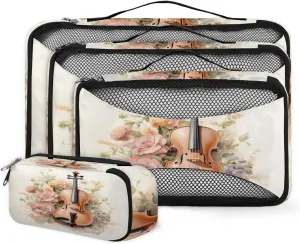 4 Set Packing Cubes for Suitcases, Travel Essentials for Carry on Luggage, Suitcase Organizers for Clothes Shoes Toiletries Travel Accessories in 4 Sizes - Flower Violin