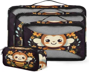 4 Set Packing Cubes for Suitcases, Travel Essentials for Carry on Luggage, Suitcase Organizers for Clothes Shoes Toiletries Travel Accessories in 4 Sizes - Flowers Bee