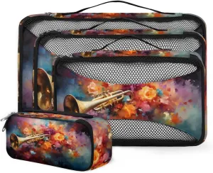 4 Set Packing Cubes for Suitcases, Travel Essentials for Carry on Luggage, Suitcase Organizers for Clothes Shoes Toiletries Travel Accessories in 4 Sizes - Flowers Trumpet