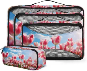 4 Set Packing Cubes for Suitcases, Travel Essentials for Carry on Luggage, Suitcase Organizers for Clothes Shoes Toiletries Travel Accessories in 4 Sizes - Flowers Tulips