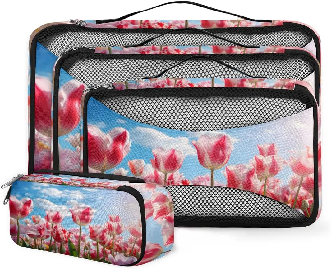 4 Set Packing Cubes for Suitcases, Travel Essentials for Carry on Luggage, Suitcase Organizers for Clothes Shoes Toiletries Travel Accessories in 4 Sizes - Flowers Tulips