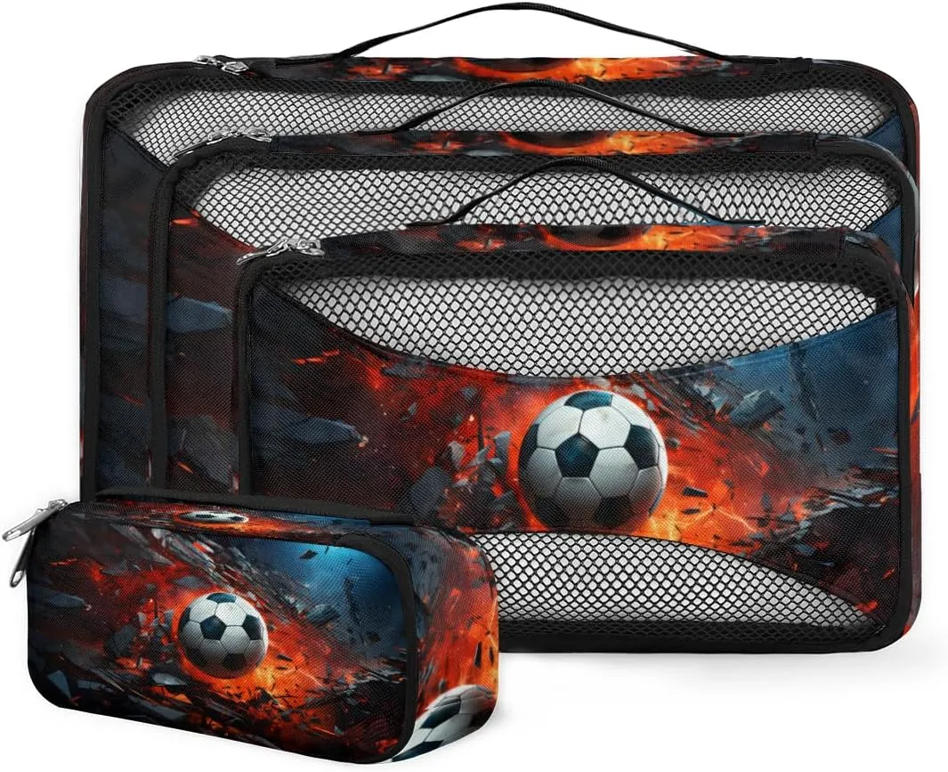 4 Set Packing Cubes for Suitcases, Travel Essentials for Carry on Luggage, Suitcase Organizers for Clothes Shoes Toiletries Travel Accessories in 4 Sizes - Football Sports