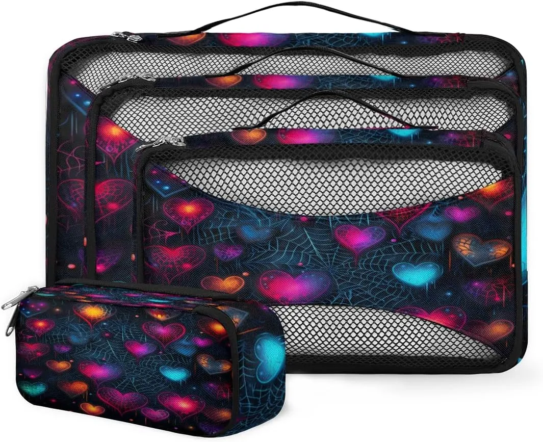 4 Set Packing Cubes for Suitcases, Travel Essentials for Carry on Luggage, Suitcase Organizers for Clothes Shoes Toiletries Travel Accessories in 4 Sizes - Heart Cobweb