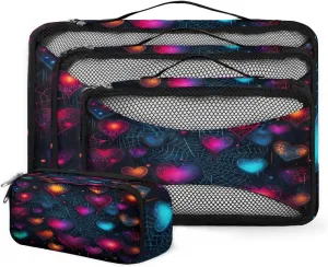 4 Set Packing Cubes for Suitcases, Travel Essentials for Carry on Luggage, Suitcase Organizers for Clothes Shoes Toiletries Travel Accessories in 4 Sizes - Heart Cobweb