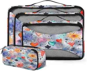 4 Set Packing Cubes for Suitcases, Travel Essentials for Carry on Luggage, Suitcase Organizers for Clothes Shoes Toiletries Travel Accessories in 4 Sizes - HEART Flower