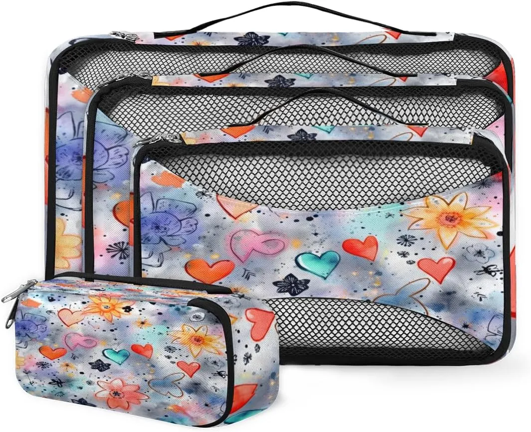 4 Set Packing Cubes for Suitcases, Travel Essentials for Carry on Luggage, Suitcase Organizers for Clothes Shoes Toiletries Travel Accessories in 4 Sizes - HEART Flower