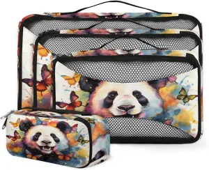 4 Set Packing Cubes for Suitcases, Travel Essentials for Carry on Luggage, Suitcase Organizers for Clothes Shoes Toiletries Travel Accessories in 4 Sizes - Panda Butterfly